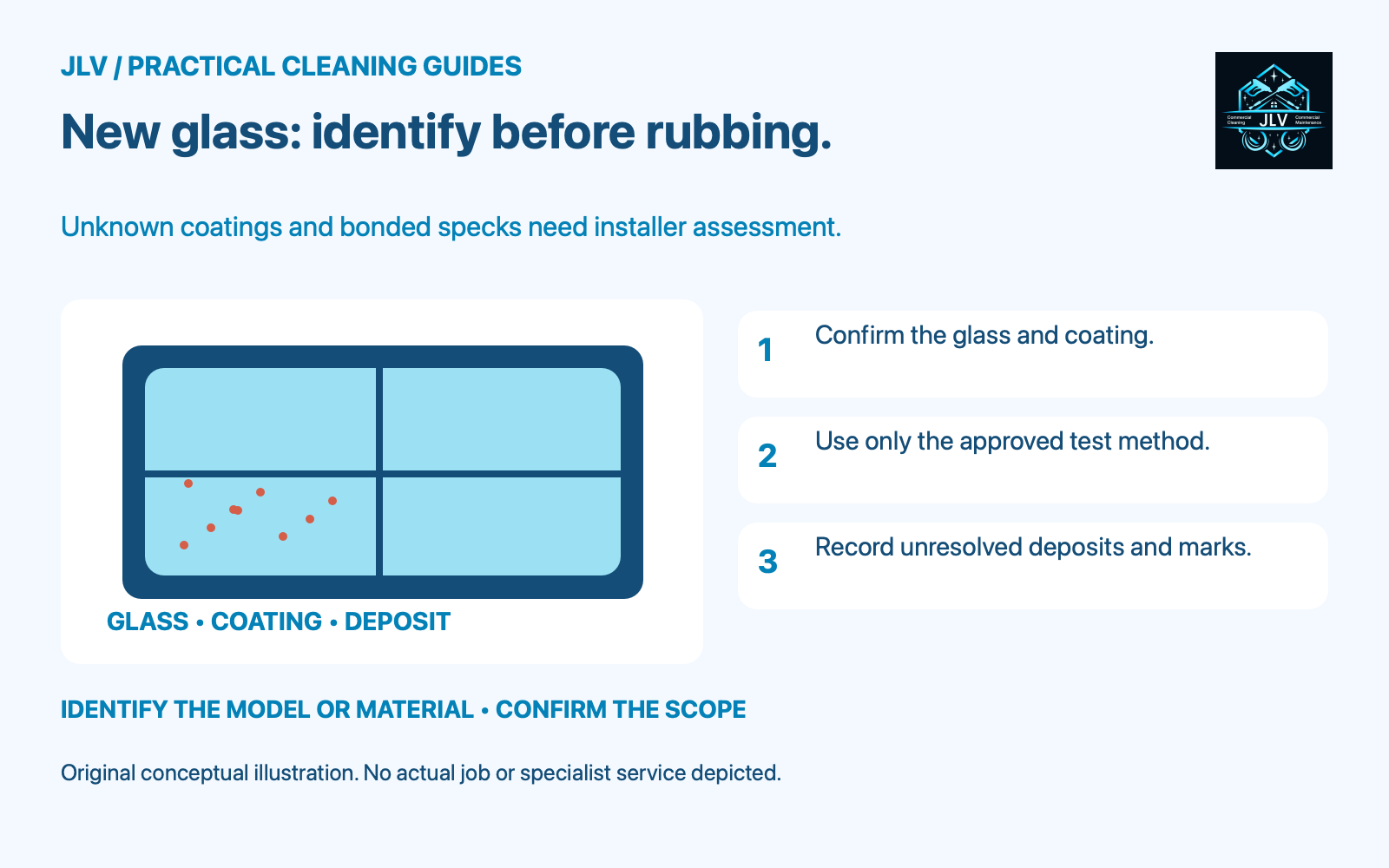 A window diagram distinguishes glass, coating and construction deposits before cleaning.