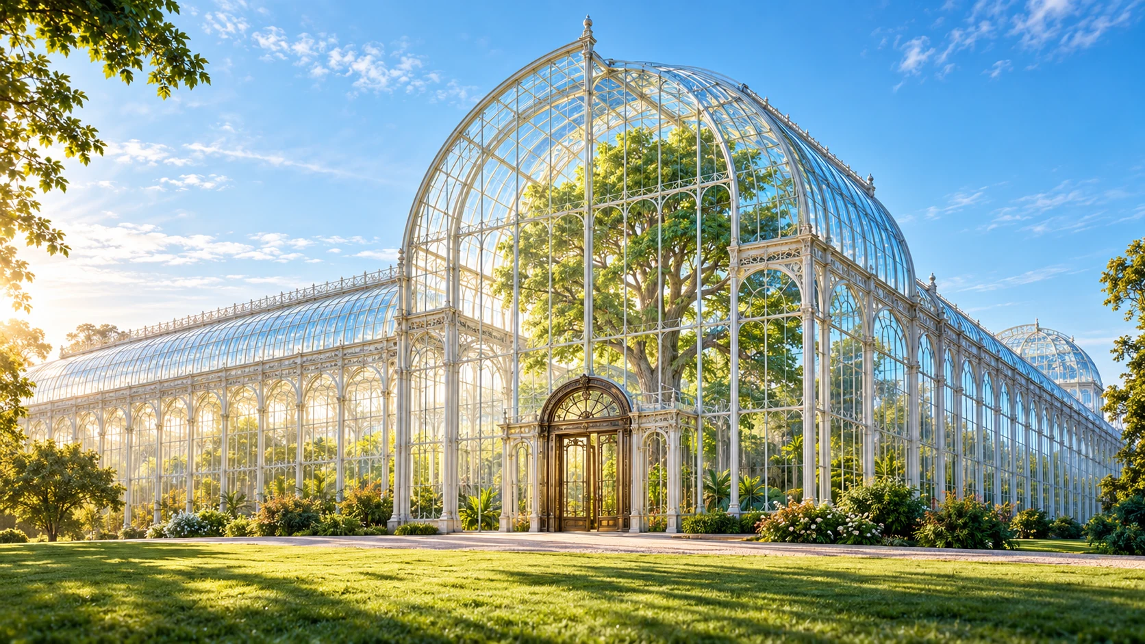A sunlit glass-and-iron exhibition hall encloses a leafy tree beneath a vaulted transept.