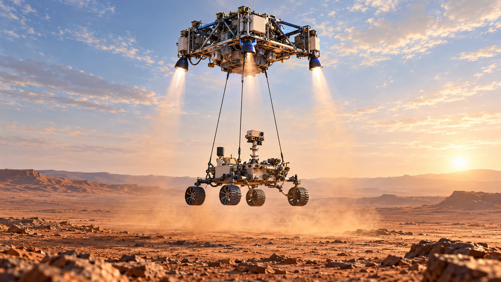 A sky crane lowers a six-wheeled rover on taut cables toward a luminous ochre Martian plain.