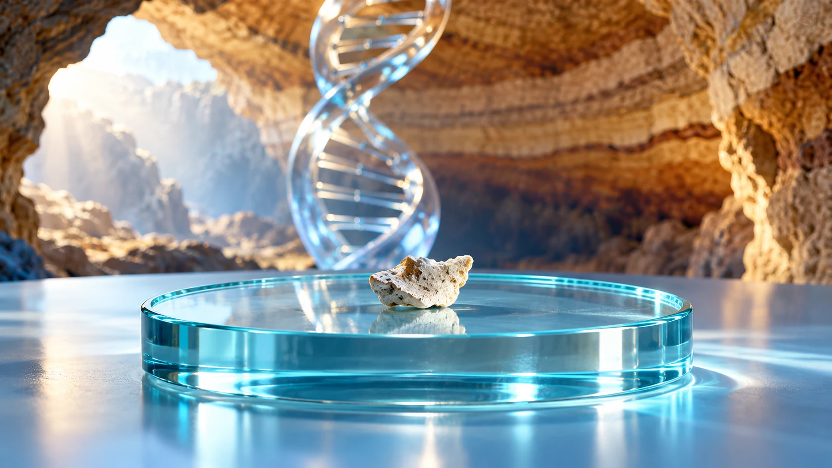 A tiny pale fragment rests on cyan glass before a softly focused double-helix sculpture and warm layered sediment.