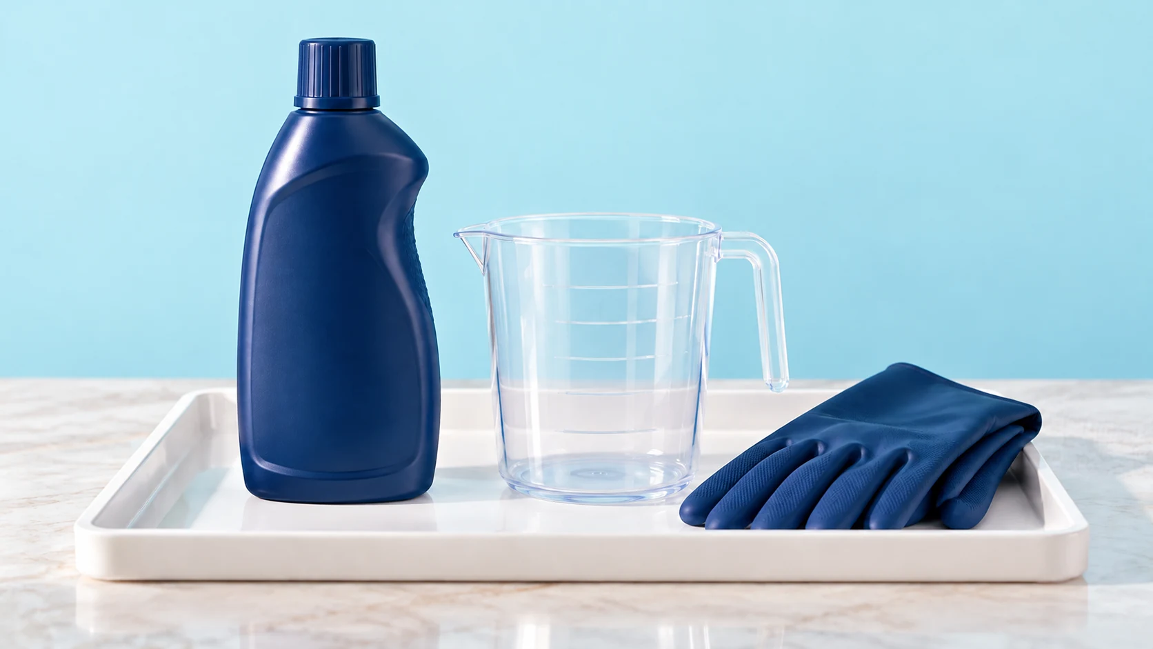 Closed product bottle turned away, empty measuring jug and folded gloves on a white tray.