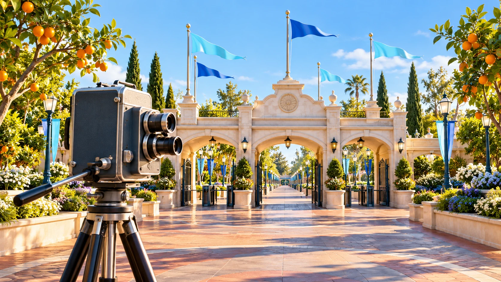 A vintage television camera faces a sunlit amusement-park gateway lined with blue pennants and orange trees.