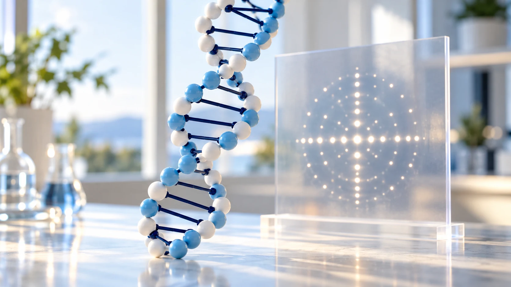 A white-and-blue double-helix model stands in front of an abstract arrangement of diffraction-inspired light points.
