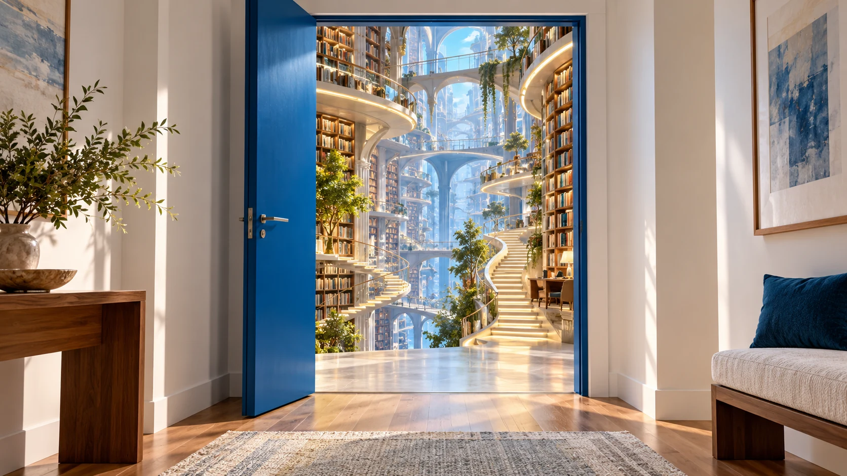 A tall blue doorway opens from a small pale hallway into an immense luminous interior of curved shelves and stairs.