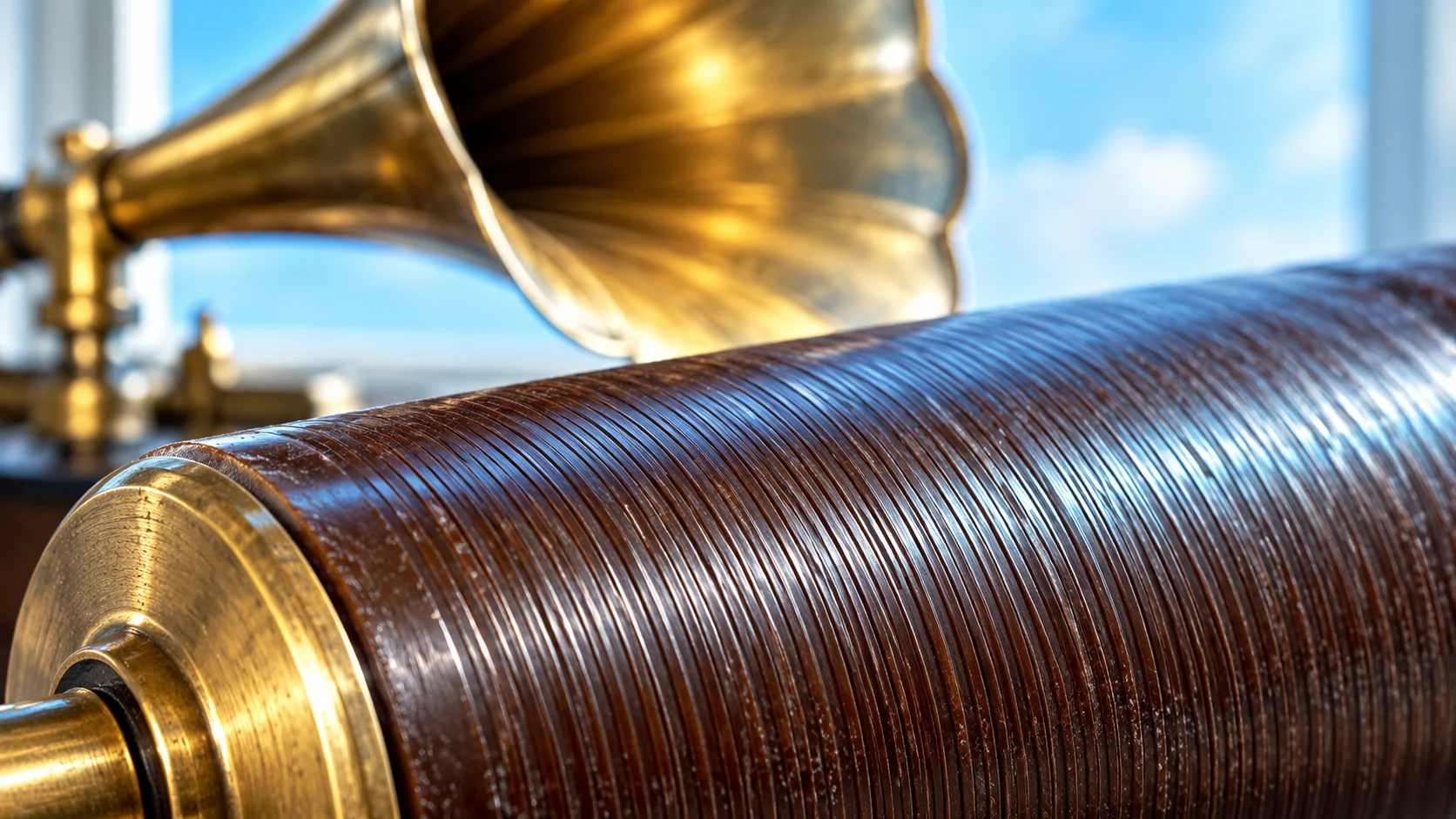 Fine grooves curve across a recording-cylinder surface, with a softly focused brass horn behind.