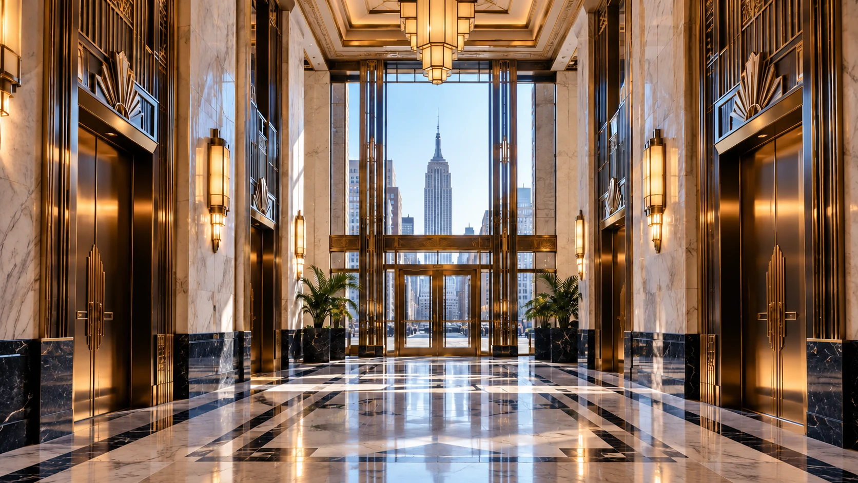 An Art Deco lobby with pale stone, brass details, metal elevator doors and a distant skyscraper.