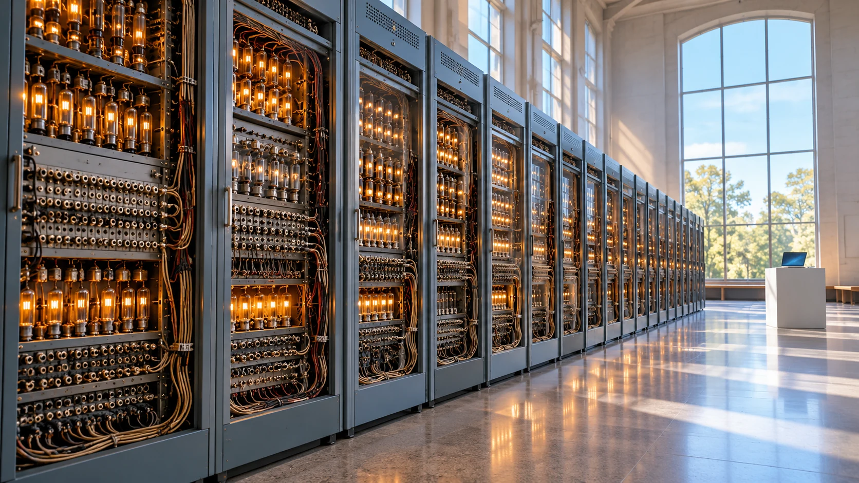 Tall early-computer cabinets recede through a bright gallery toward a small modern laptop on a pedestal.