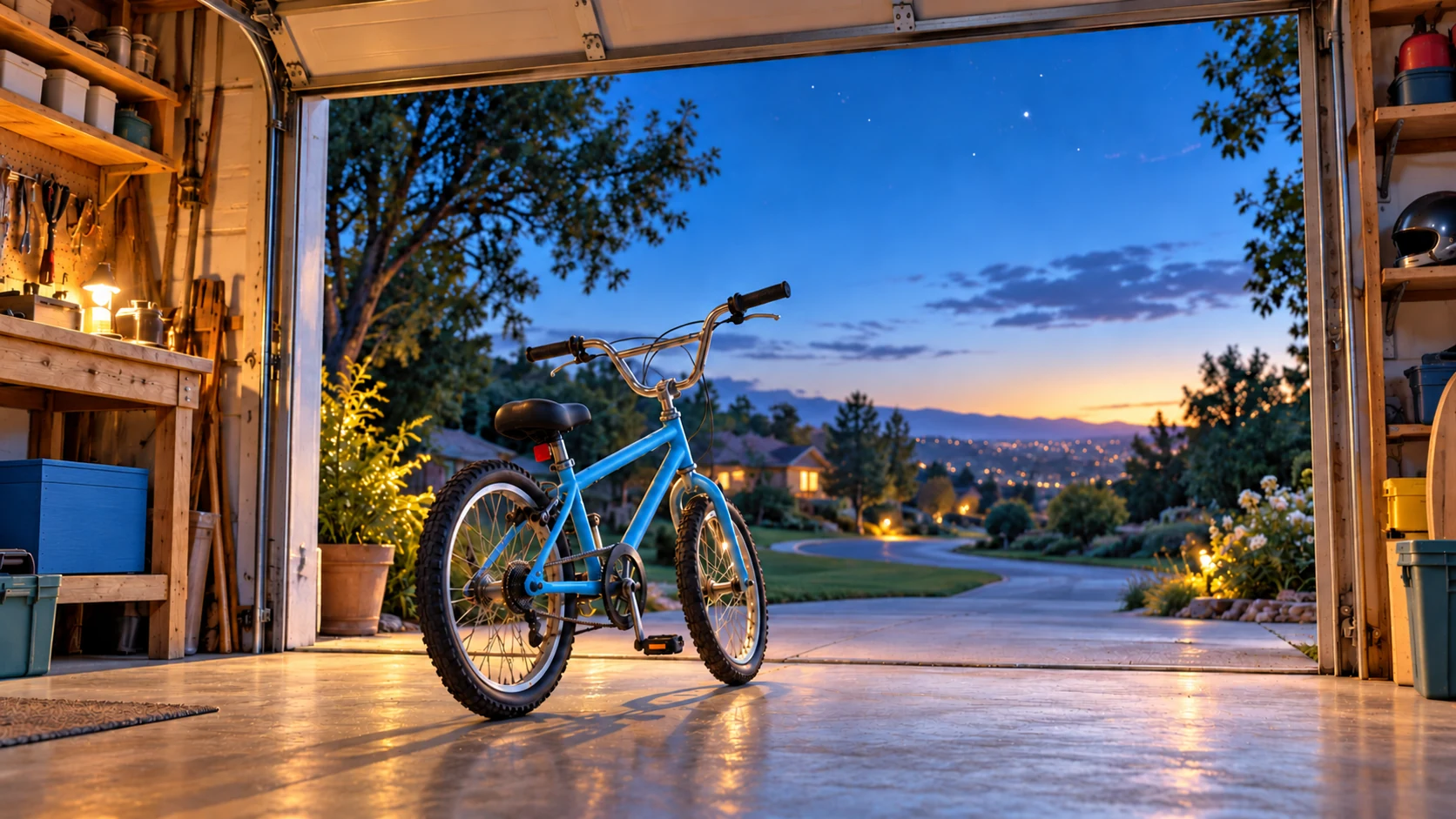 An empty bicycle stands at a garage doorway, looking out toward a softly glowing night landscape.