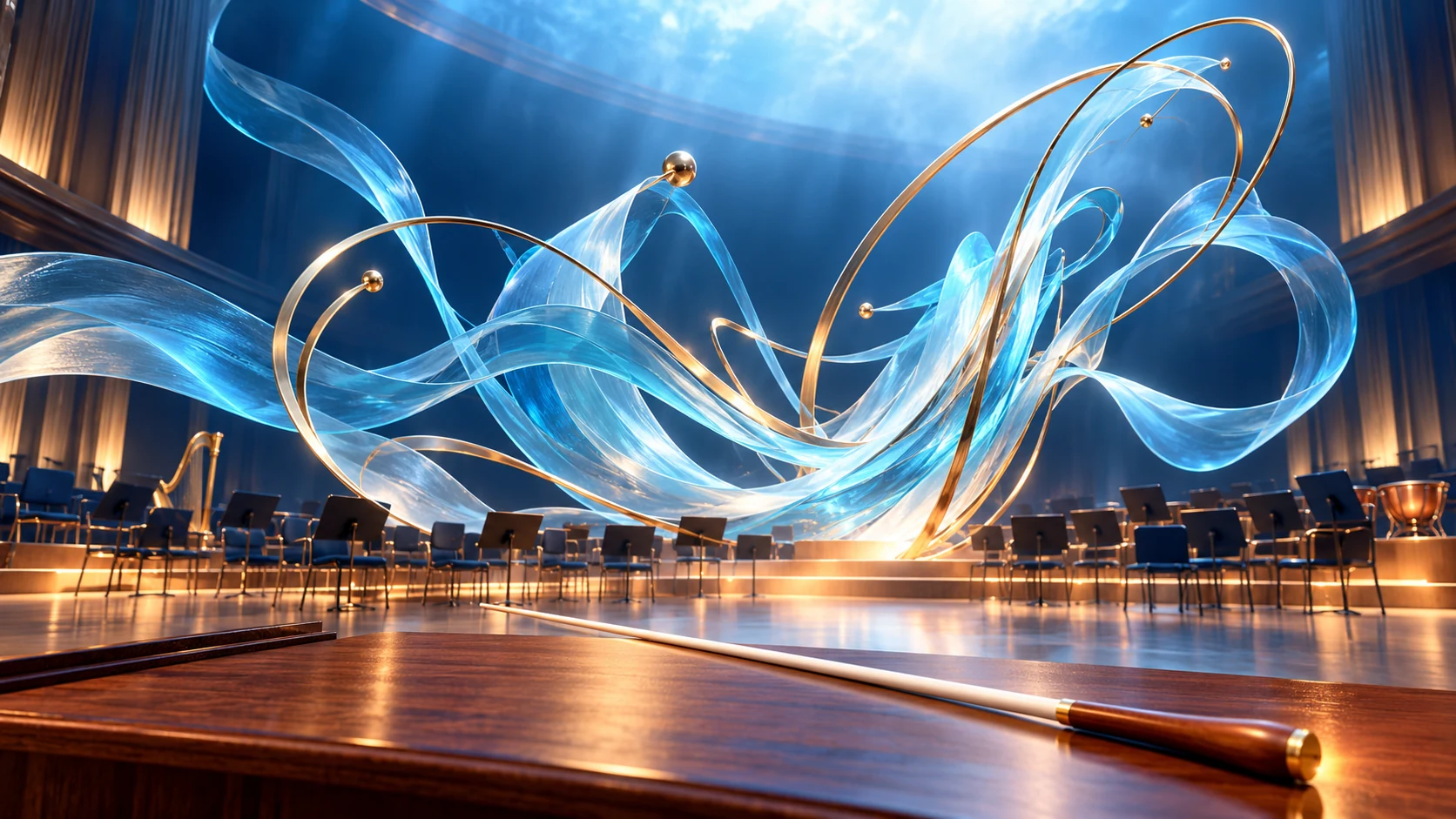 Translucent blue ribbons and brass arcs rise in a coordinated wave above an empty orchestral platform.