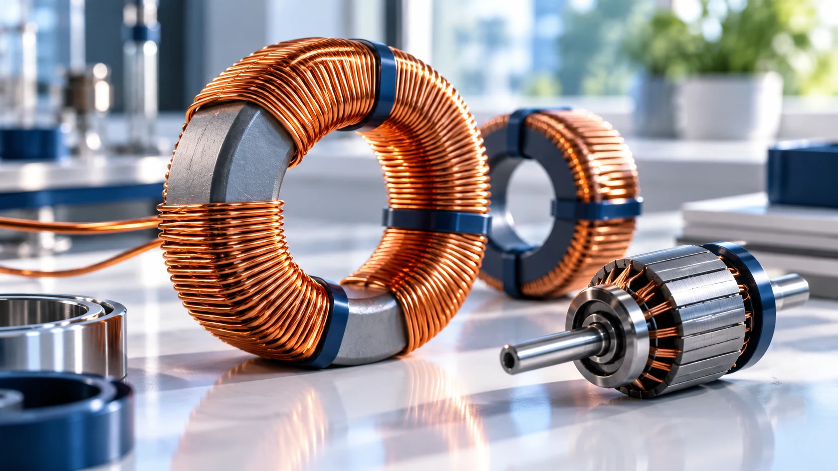 Copper wire coils and a small motor rotor rest on a bright white bench with cool blue reflections.