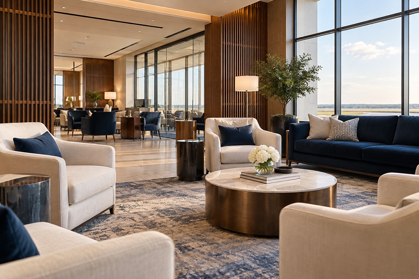 Illustrative FBO passenger lounge with walnut finishes and comfortable seating