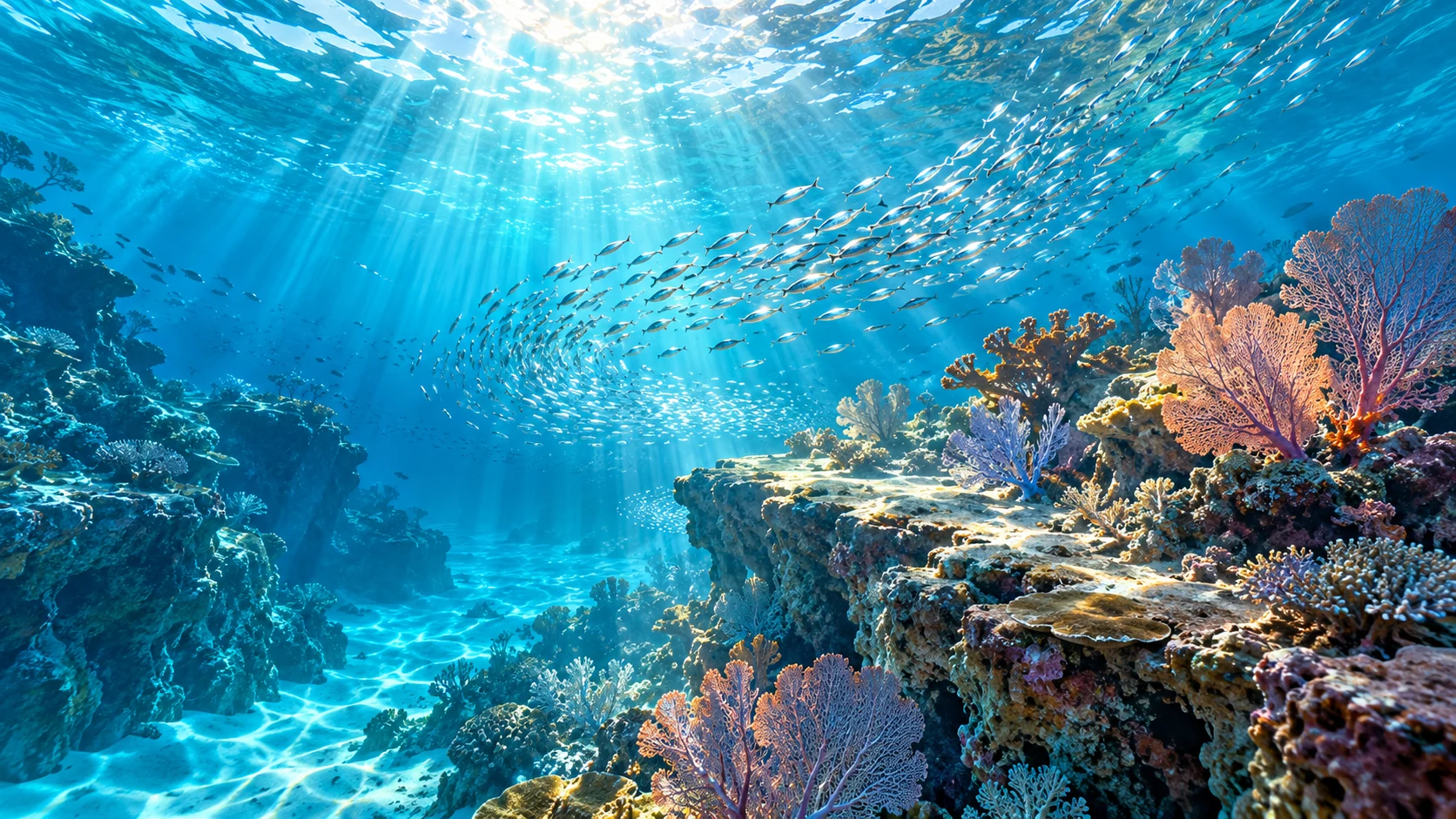 Sunlight shafts and rippling caustics illuminate a reef ledge as small silver fish cross the blue water.