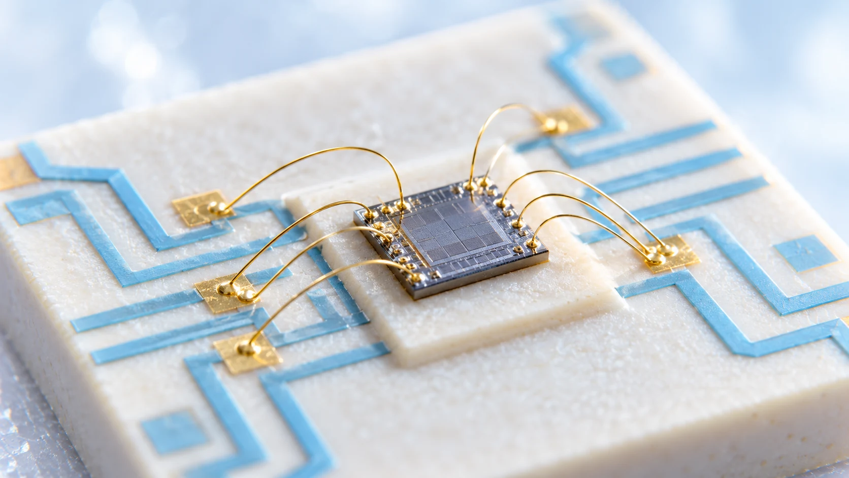 Fine bond wires rise from a small semiconductor die to precise blue circuit traces on a pale substrate.