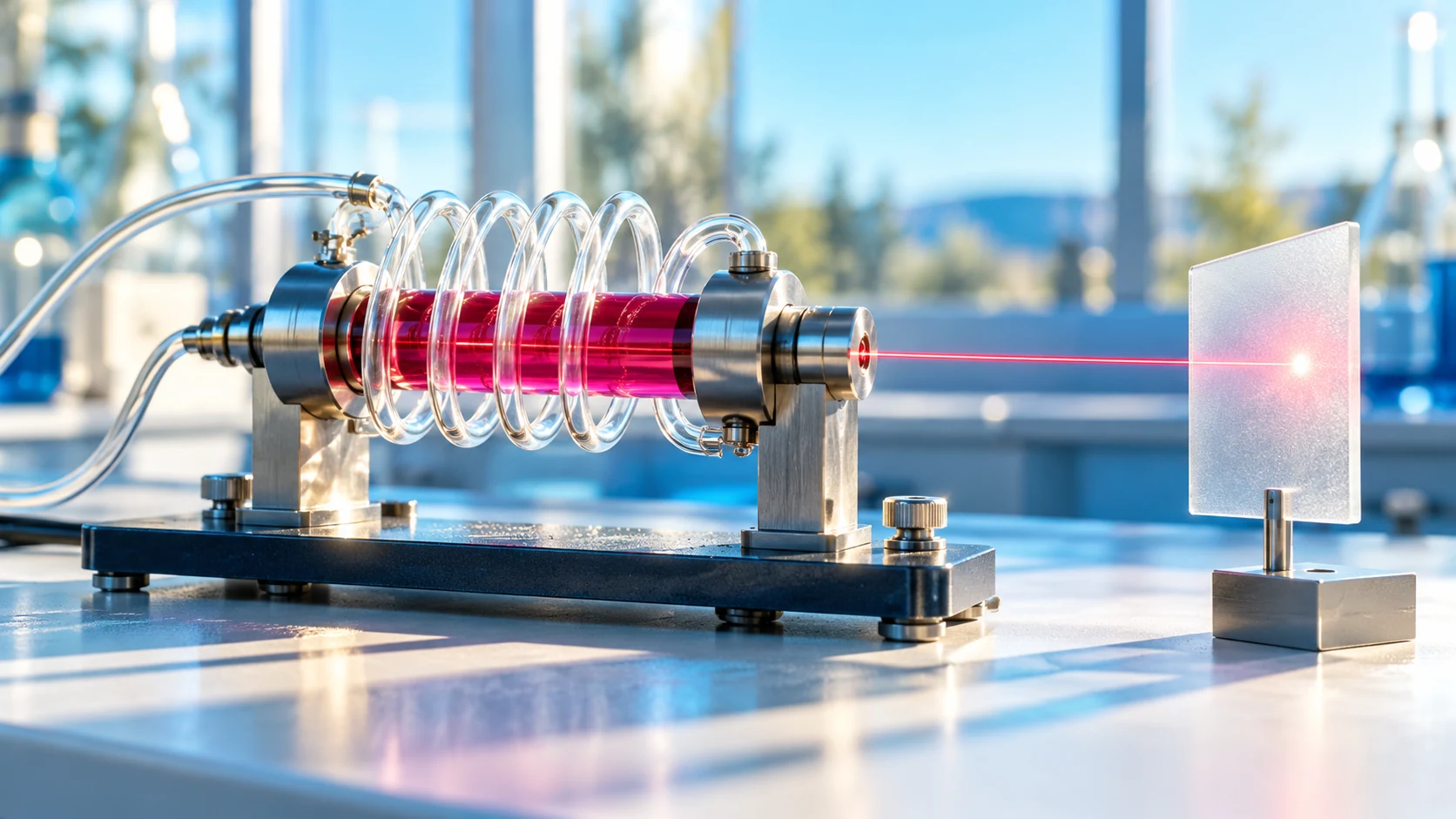A simplified ruby-laser apparatus rests on a pale worktop, with a slender red beam directed toward frosted glass.