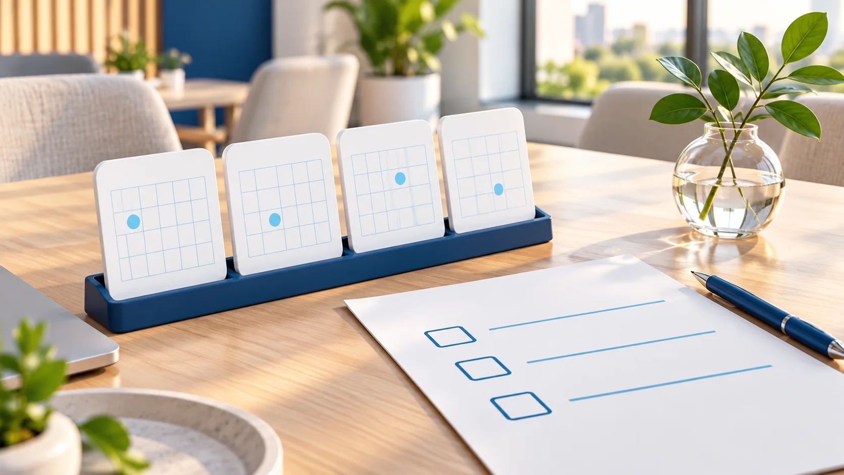 Four simple weekly planning cards and a blank observational checklist on a bright office table.