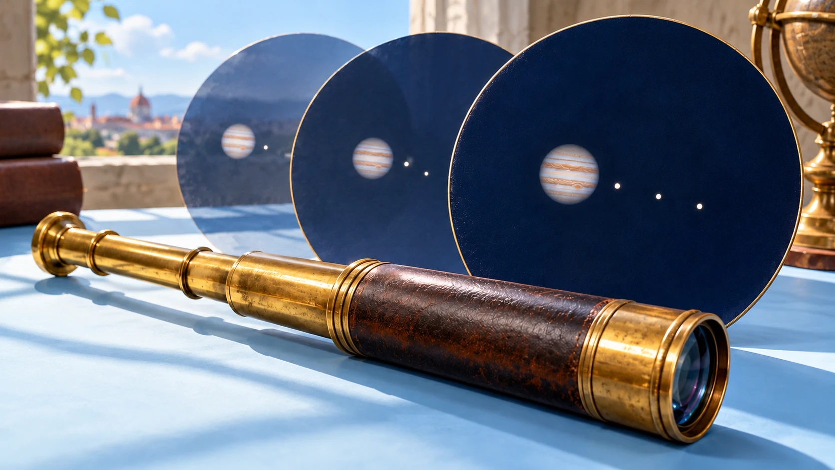 A brass spyglass lies beside layered circular diagrams of Jupiter with small points in changing positions.