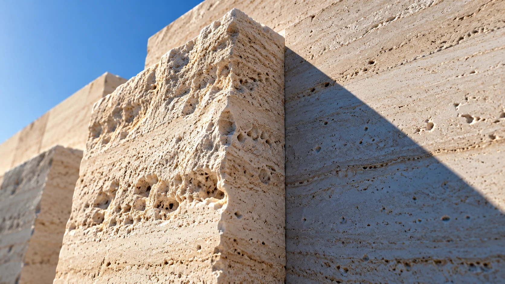 Raking sunlight reveals pores and mineral bands across rough and smooth pale travertine blocks.