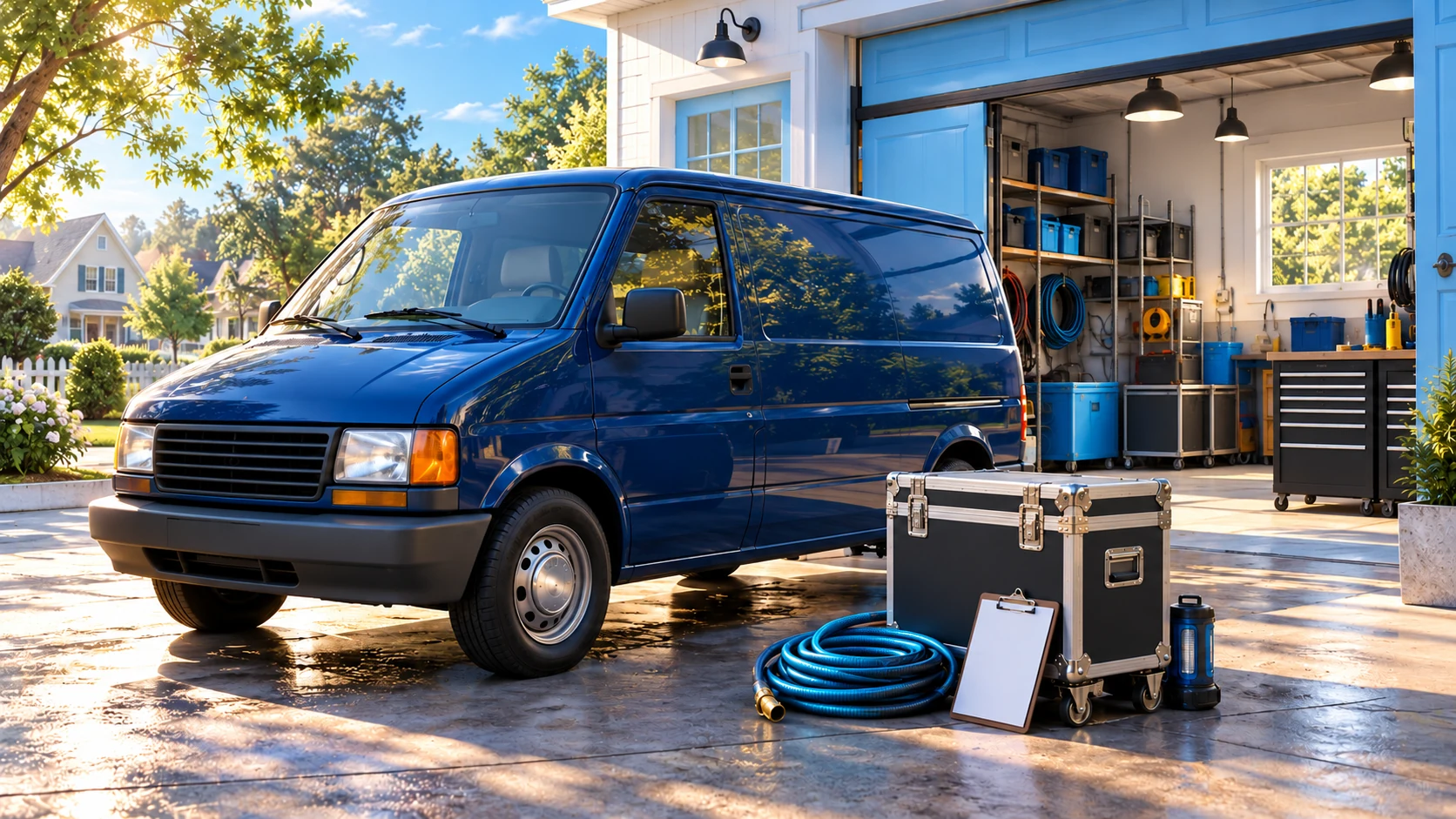 A plain blue service van stands in a bright garage beside orderly equipment and a blank clipboard.