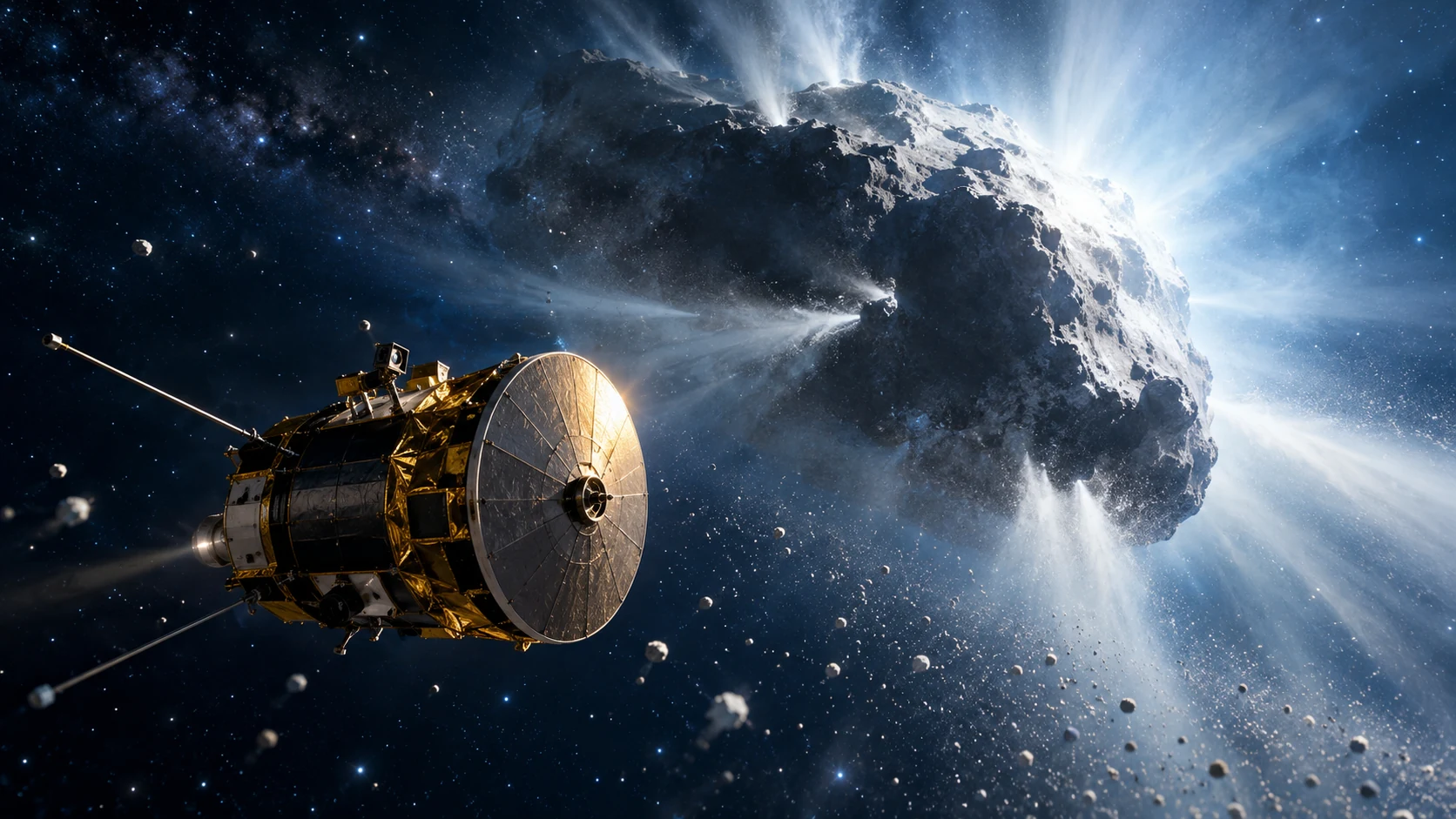 A small shielded probe faces a dark irregular comet with pale jets and scattered illuminated dust.
