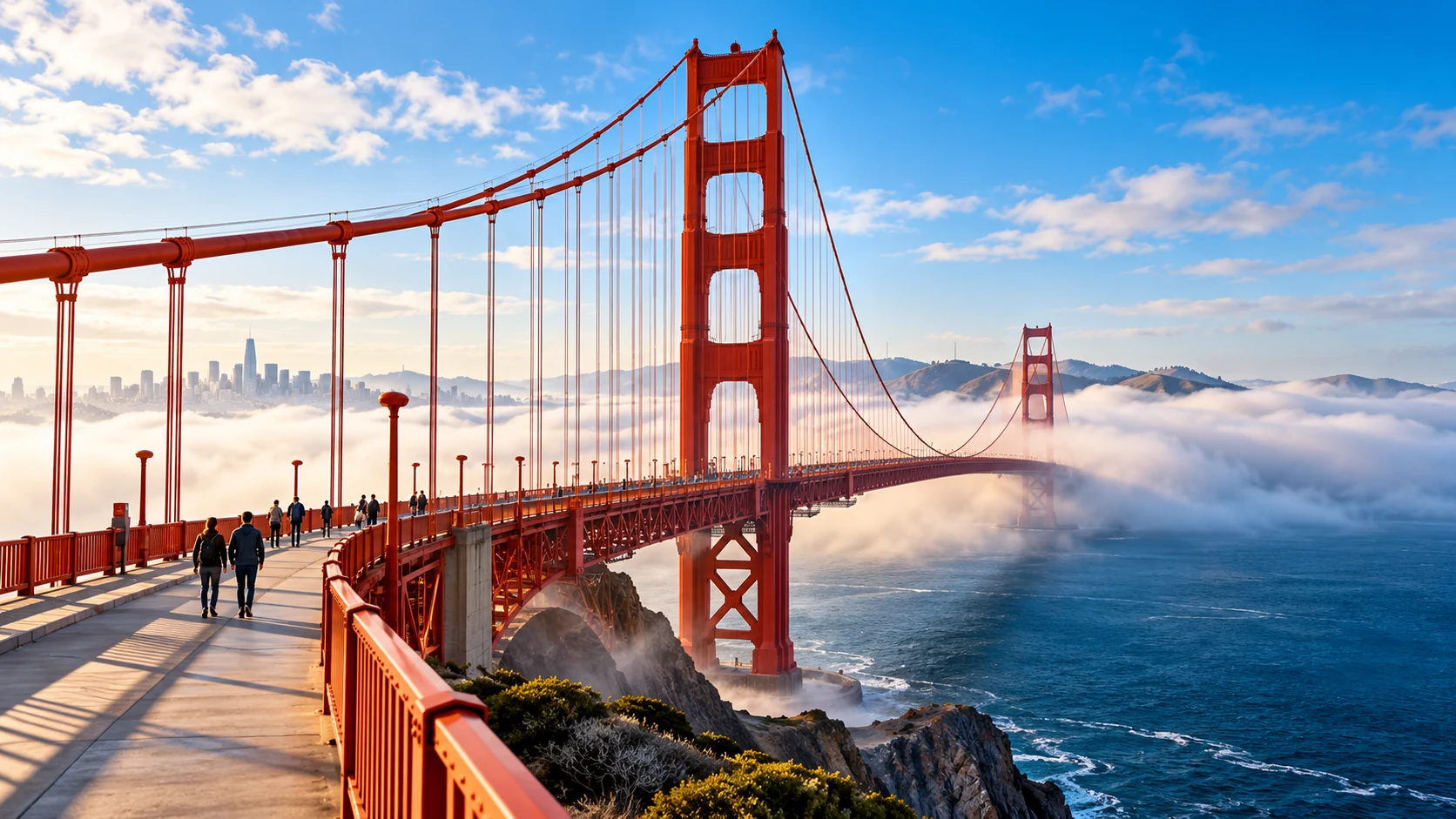 An orange suspension bridge and pedestrian approach emerge from white coastal fog above dark blue water.