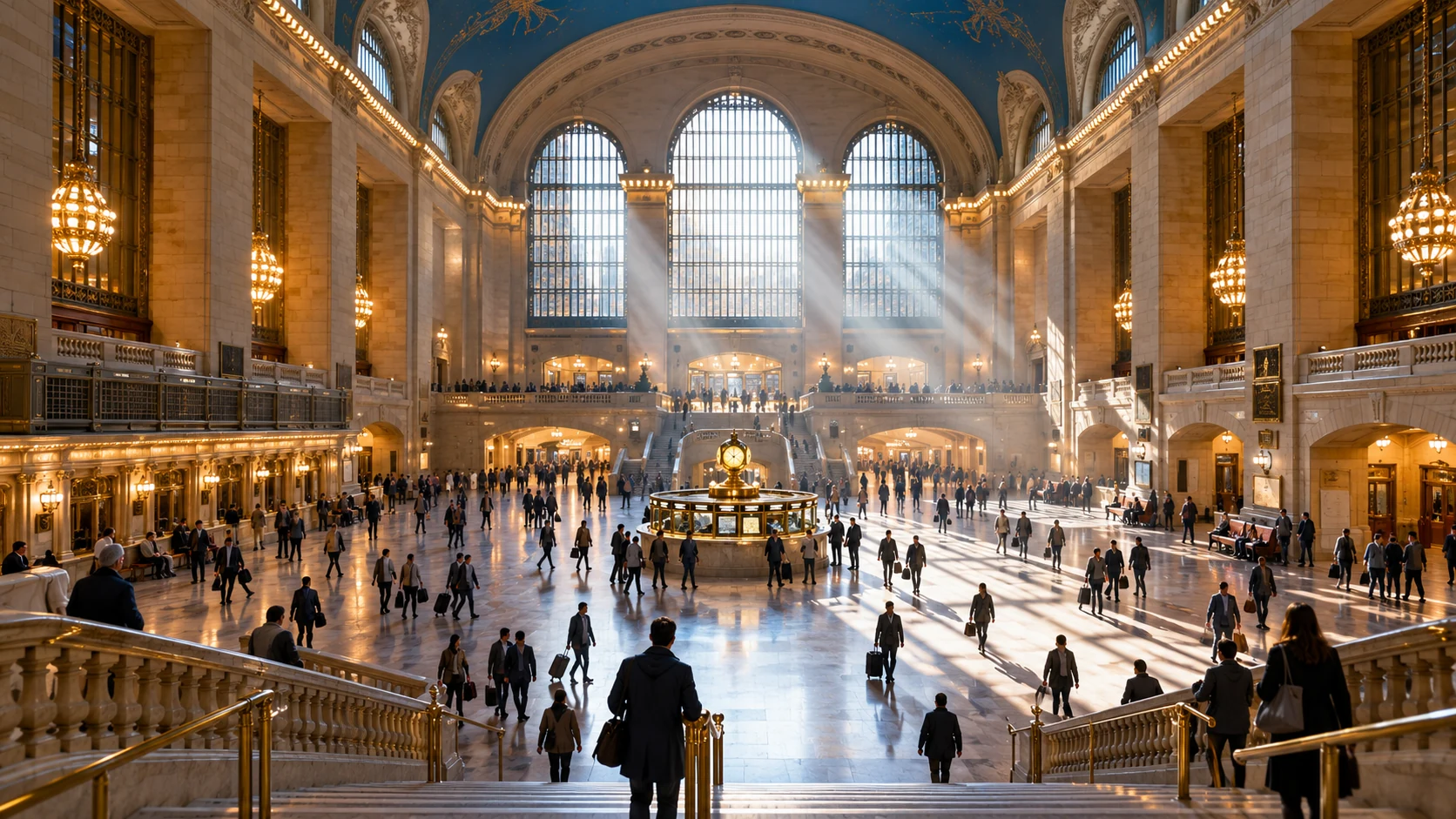 Travelers cross a large station concourse under arched windows and diagonal shafts of daylight.