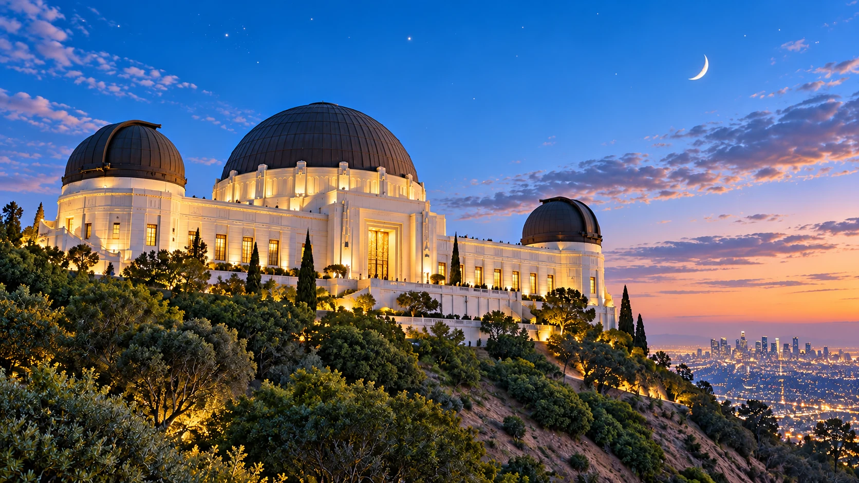A pale three-domed observatory stands above distant city lights beneath a deep-blue dusk sky.