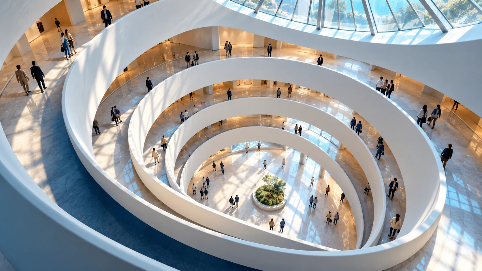A continuous white spiral ramp curves around the open center of a daylit museum rotunda.