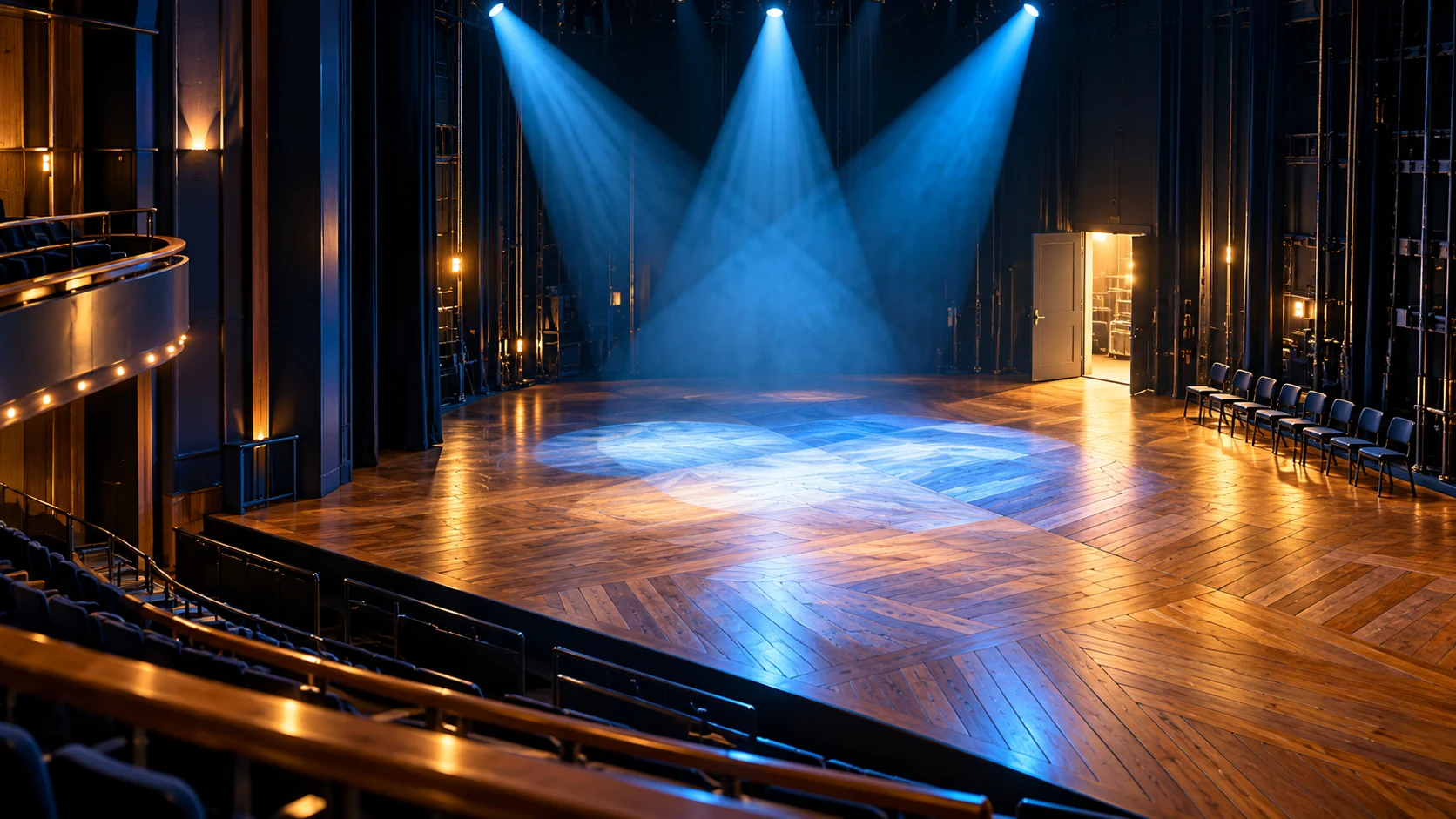 Three blue spotlights cross above an empty wooden stage, with rehearsal chairs and a lit backstage doorway.