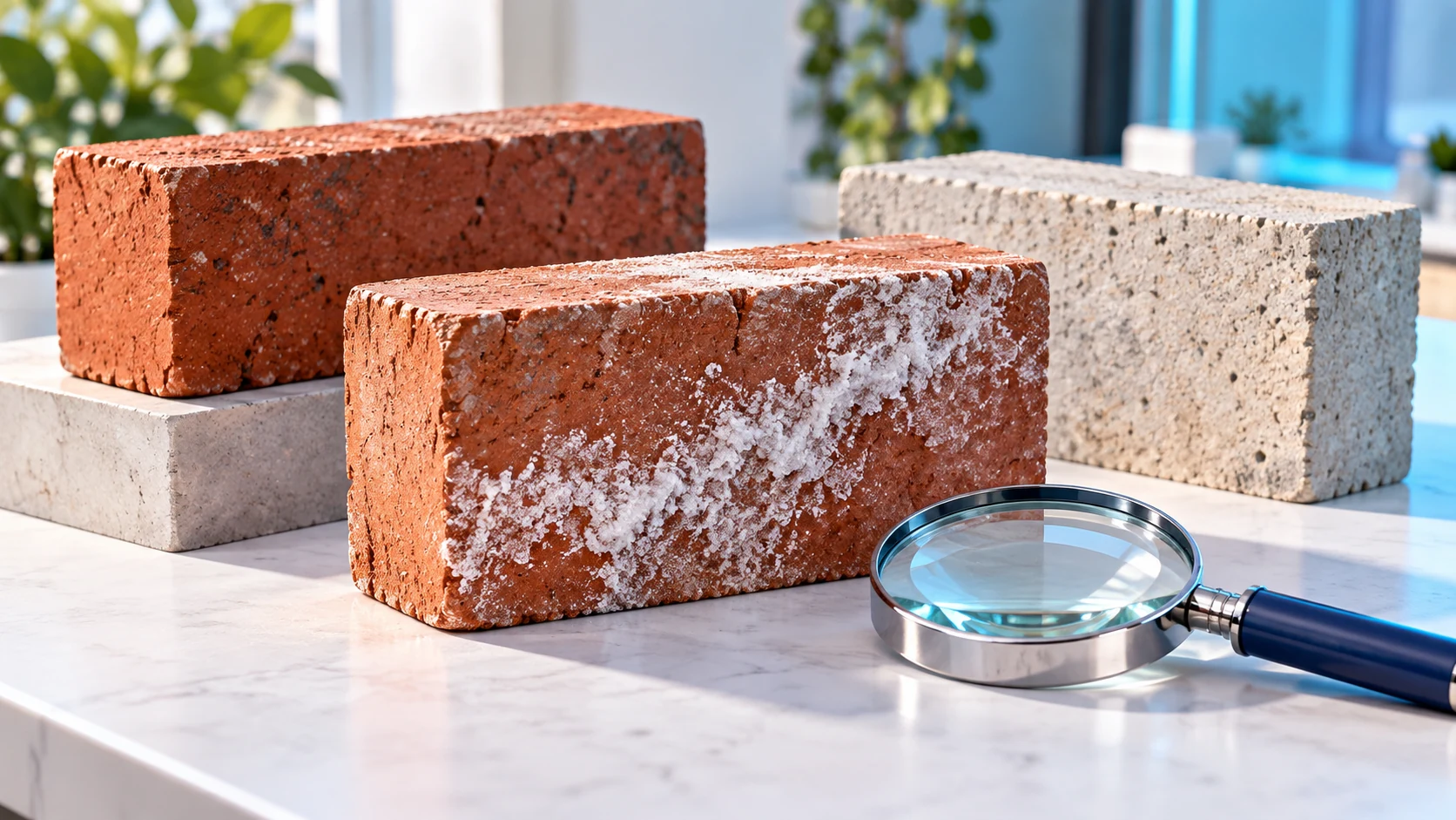 Masonry samples with a light white crystalline surface deposit and a magnifying glass.