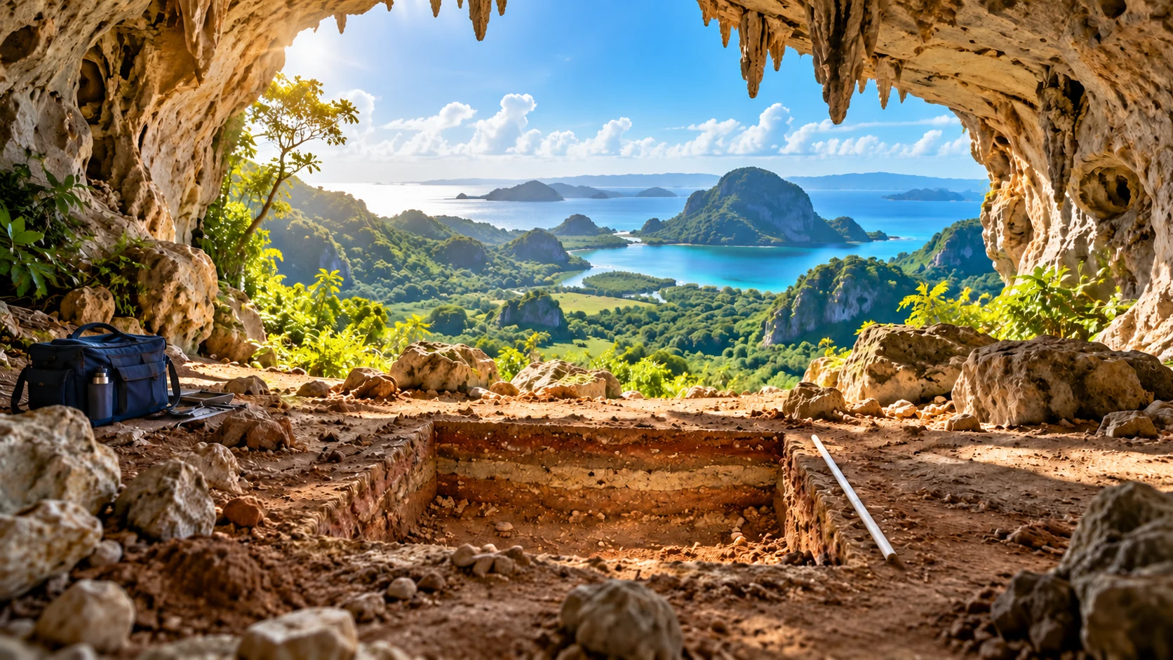 A small excavation area lies inside a sunlit limestone cave opening toward a green island valley and pale blue sea.