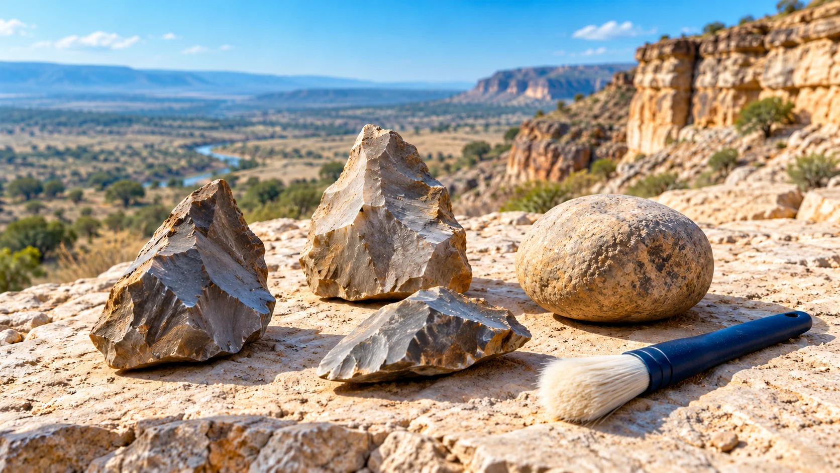Stone flakes and a rounded cobble sit beside a soft fieldwork brush against sunlit layered rock.