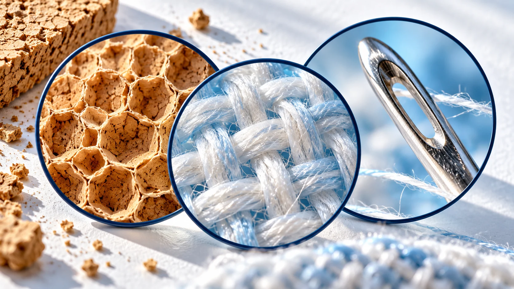 Three overlapping optical circles reveal cork cells, woven fibers and a metal needle edge.