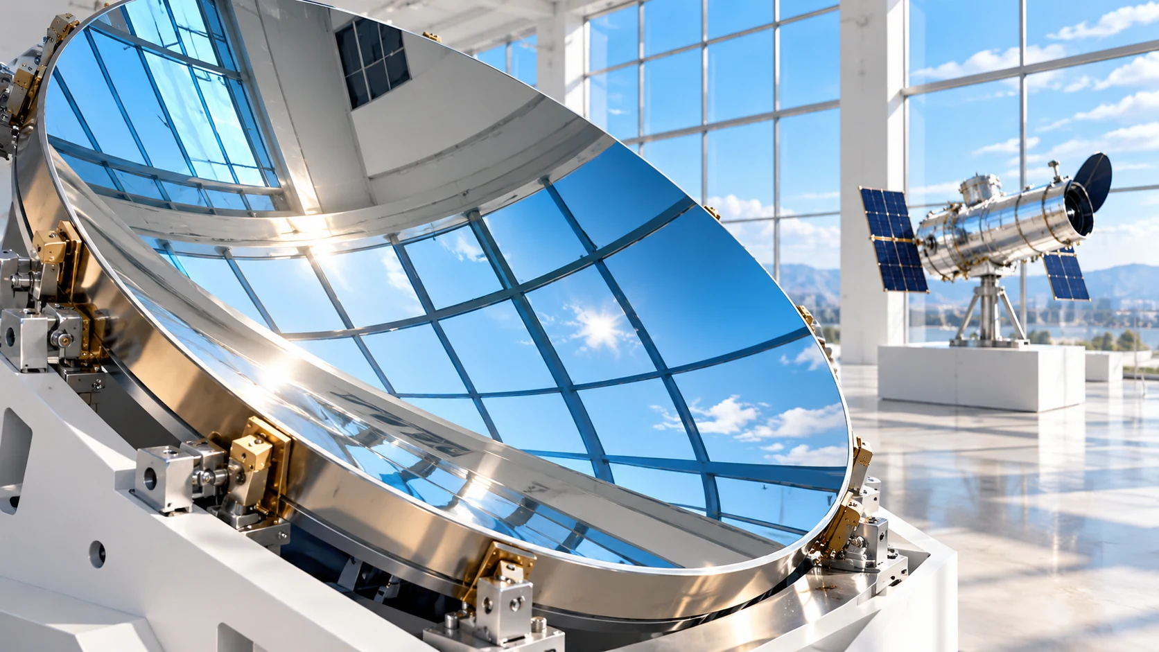 A large concave silver mirror reflects blue window geometry in a bright optics workshop.