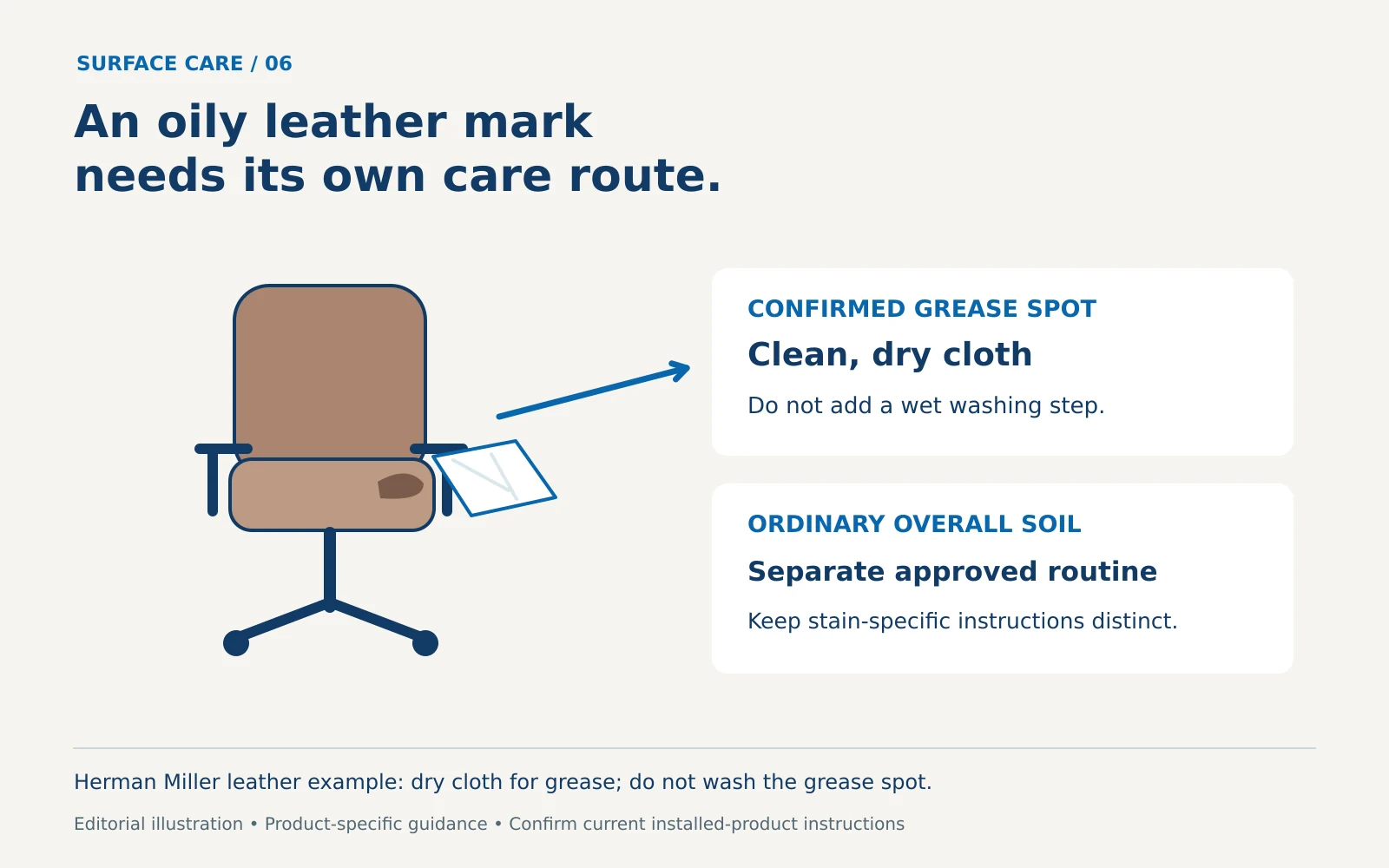 Leather office chair with a small oily mark and dry cloth, alongside separate instructions for a confirmed grease spot and ordinary overall soil.