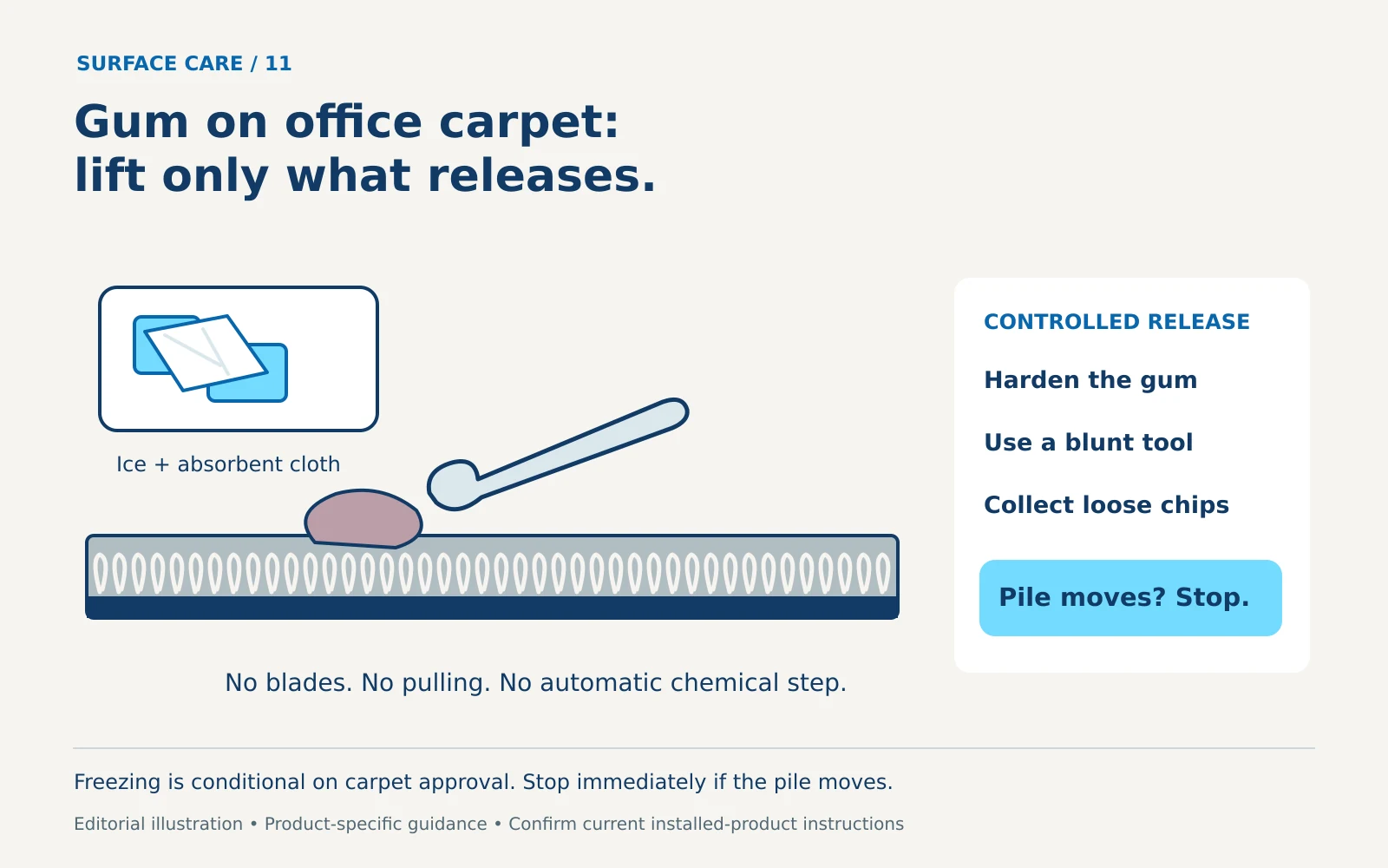 Small gum spot on office carpet beside ice, an absorbent cloth and a rounded spoon, with a stop instruction if carpet fibers move.