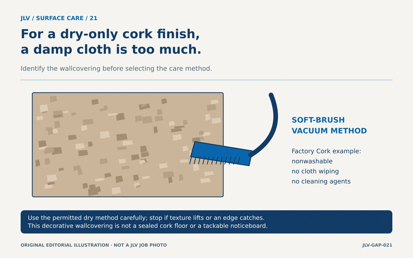 Decorative cork texture with a soft vacuum-brush attachment and explicit dry-only care restrictions for the Factory Cork example.