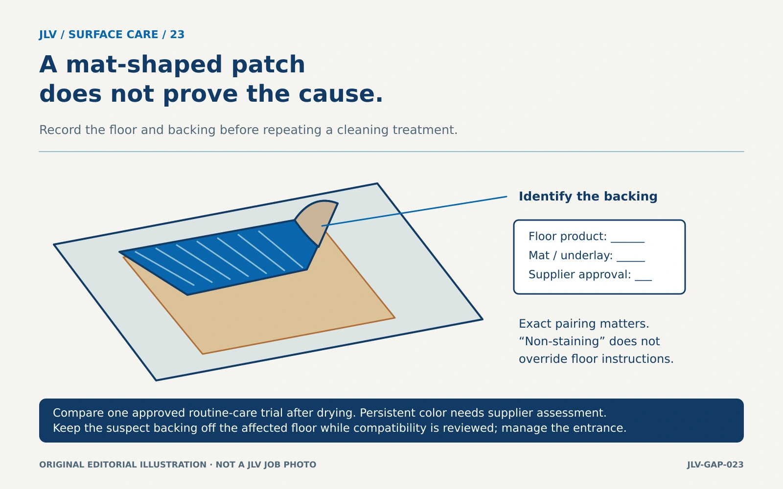 Partly lifted office mat reveals a warm rectangular discoloration on flooring, with a backing detail and product-pairing record.