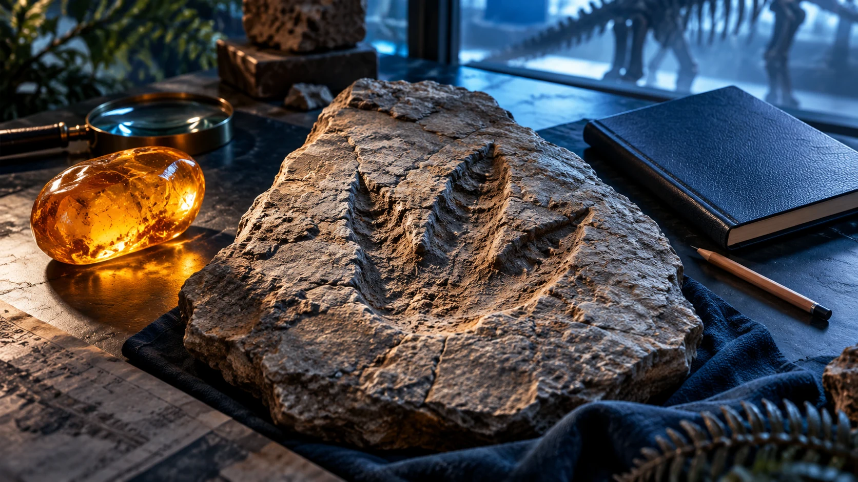 A dinosaur-footprint-inspired rock impression, an amber-colored sample and a plain notebook under raking light.