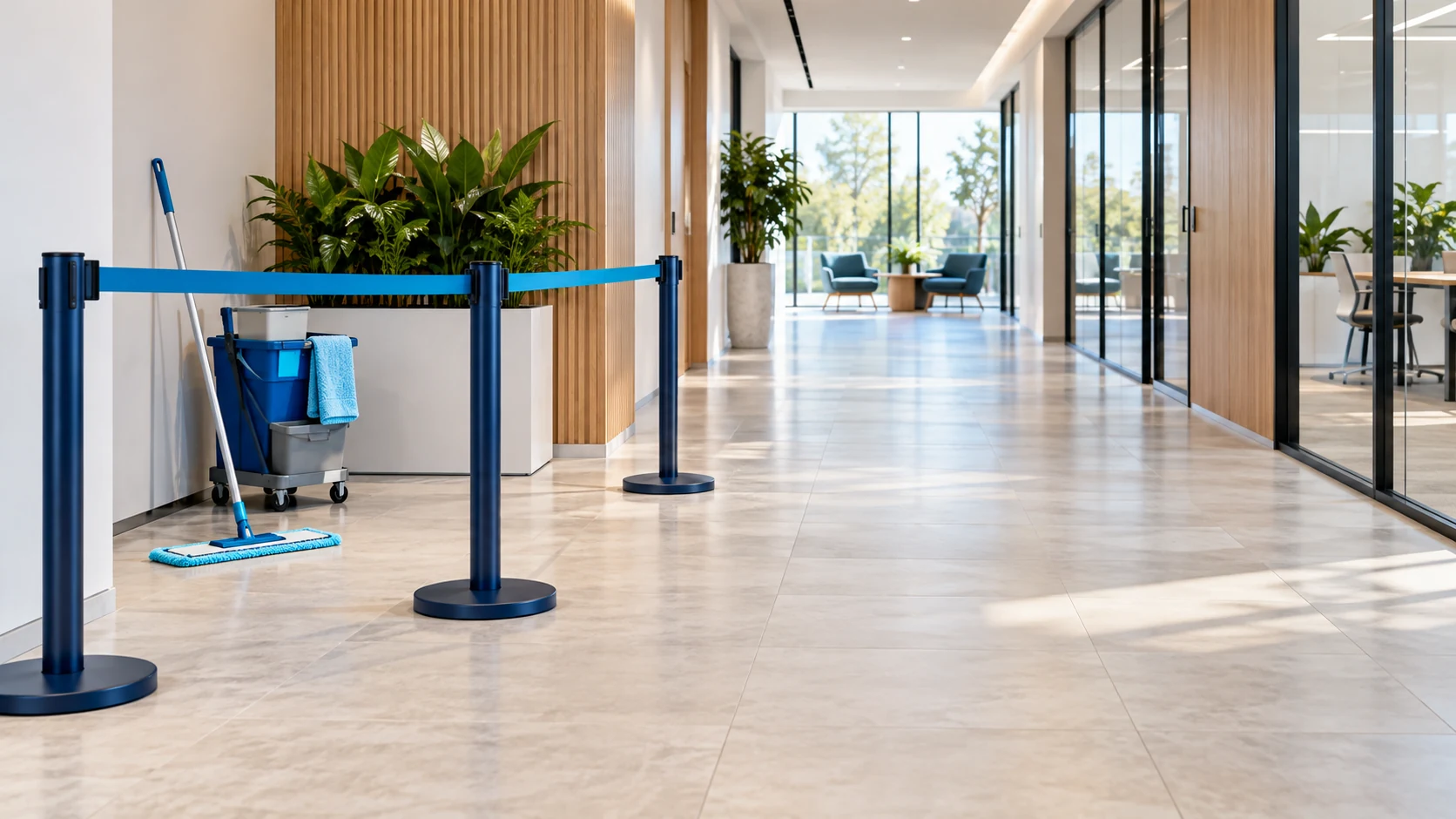 Small cordoned floor-care area beside a broad clear dry route through a bright office corridor.