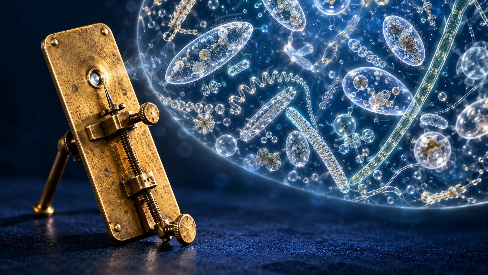 A brass single-lens microscope beside an imaginative magnified world of varied translucent microscopic forms.