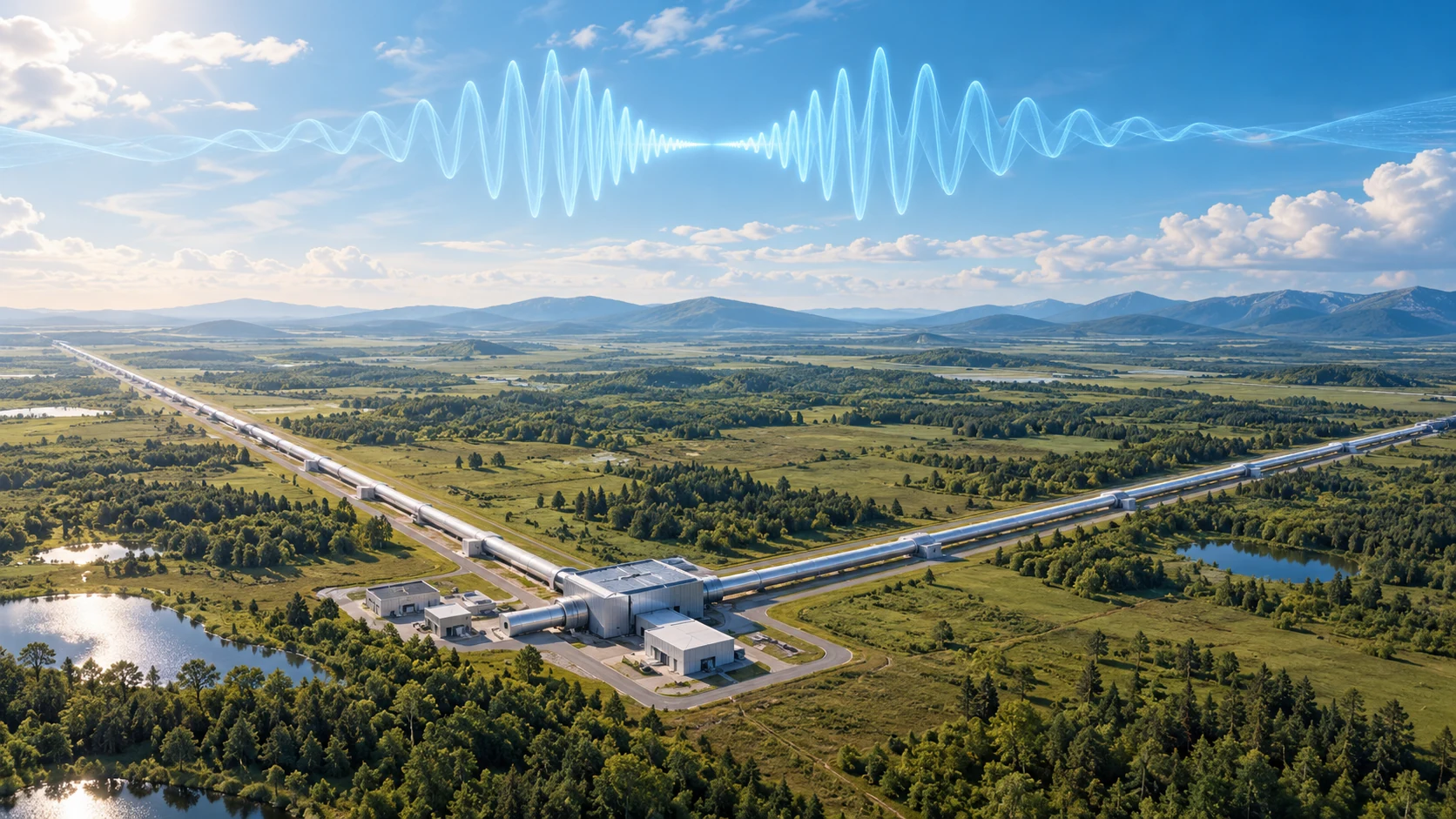 Long perpendicular detector arms cross a quiet landscape beneath two blue waveforms that align above the horizon.