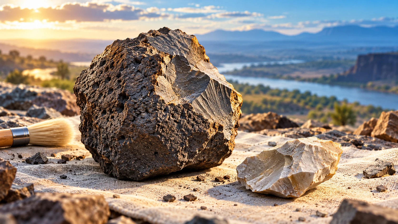 A coarse stone core and angular flake lie under raking light that reveals irregular fracture textures.
