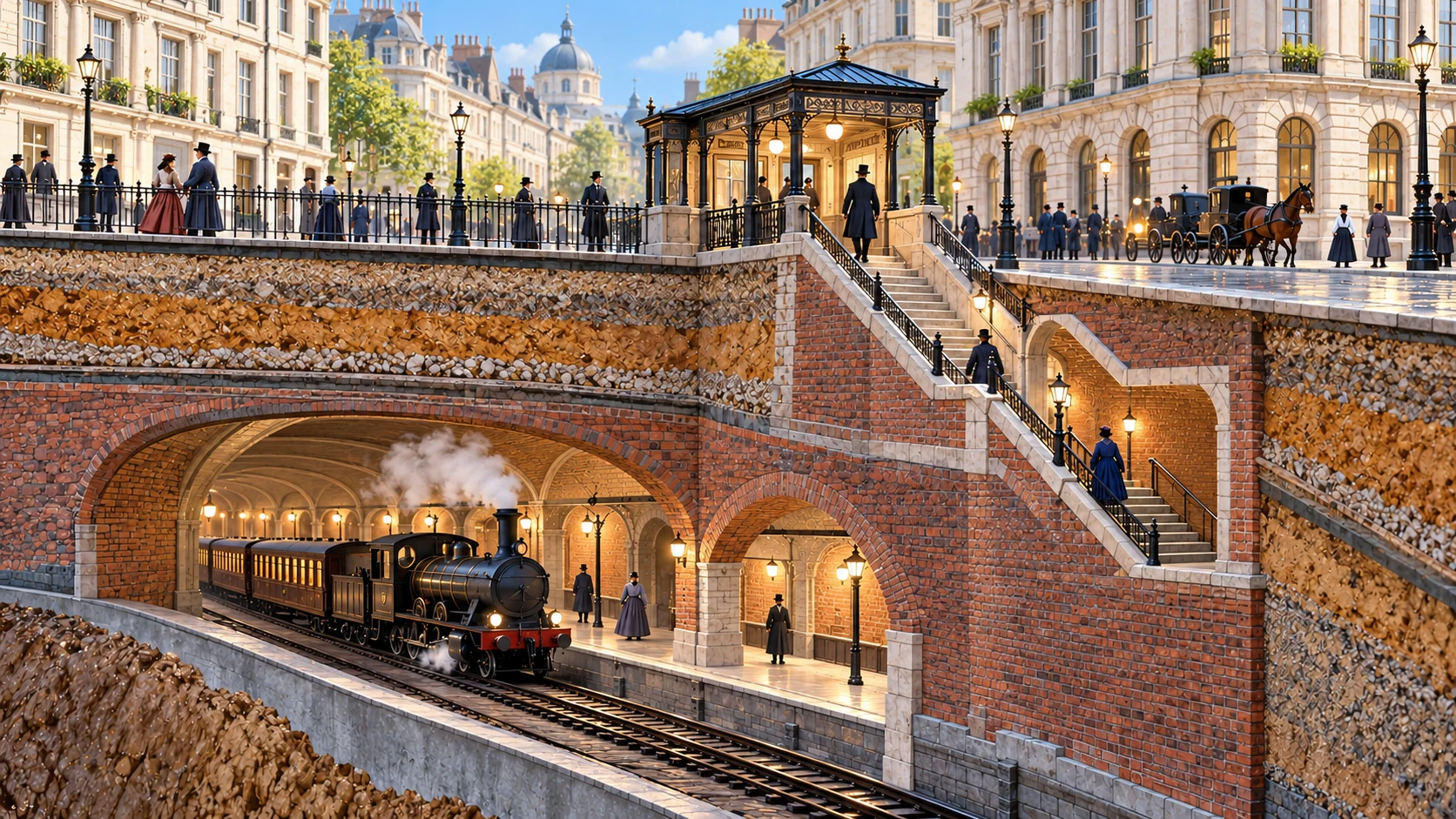 A cutaway links a Victorian street and station stairs to a brick railway tunnel with a steam train.