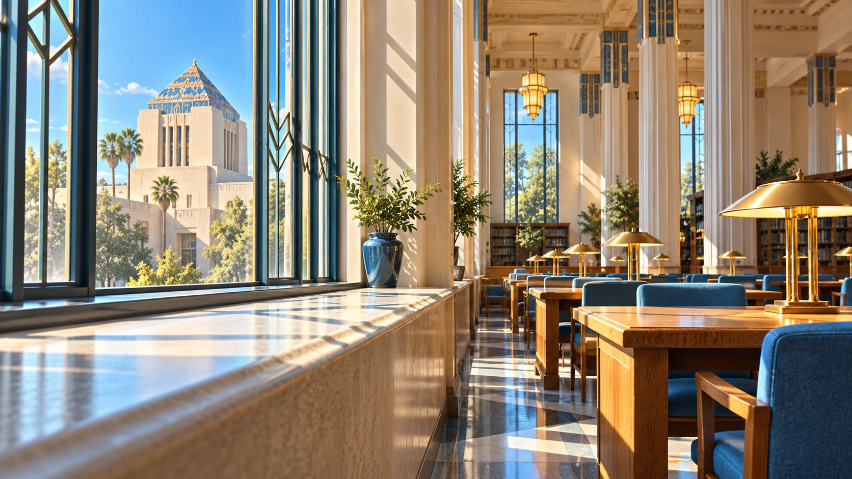 Soft daylight crosses a broad window ledge and a spacious Art Deco-style reading room.