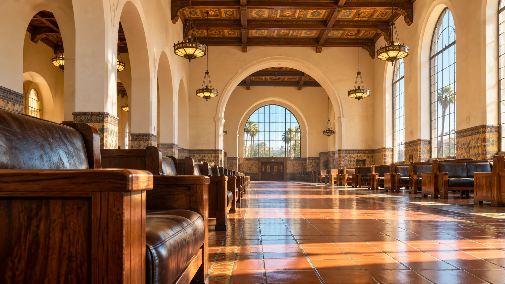 Rows of dark wooden waiting-room seats beneath high arches, with morning light across a tiled floor.