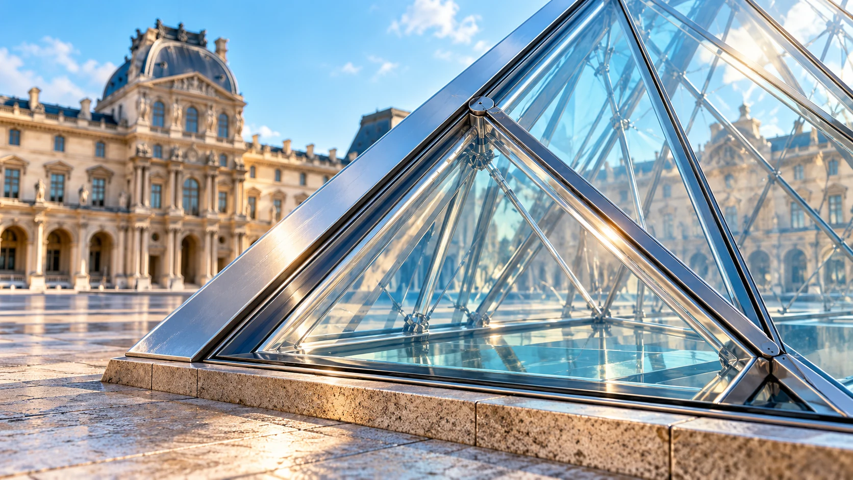 A steel junction and clear triangular glass panes frame a softly focused limestone palace courtyard.