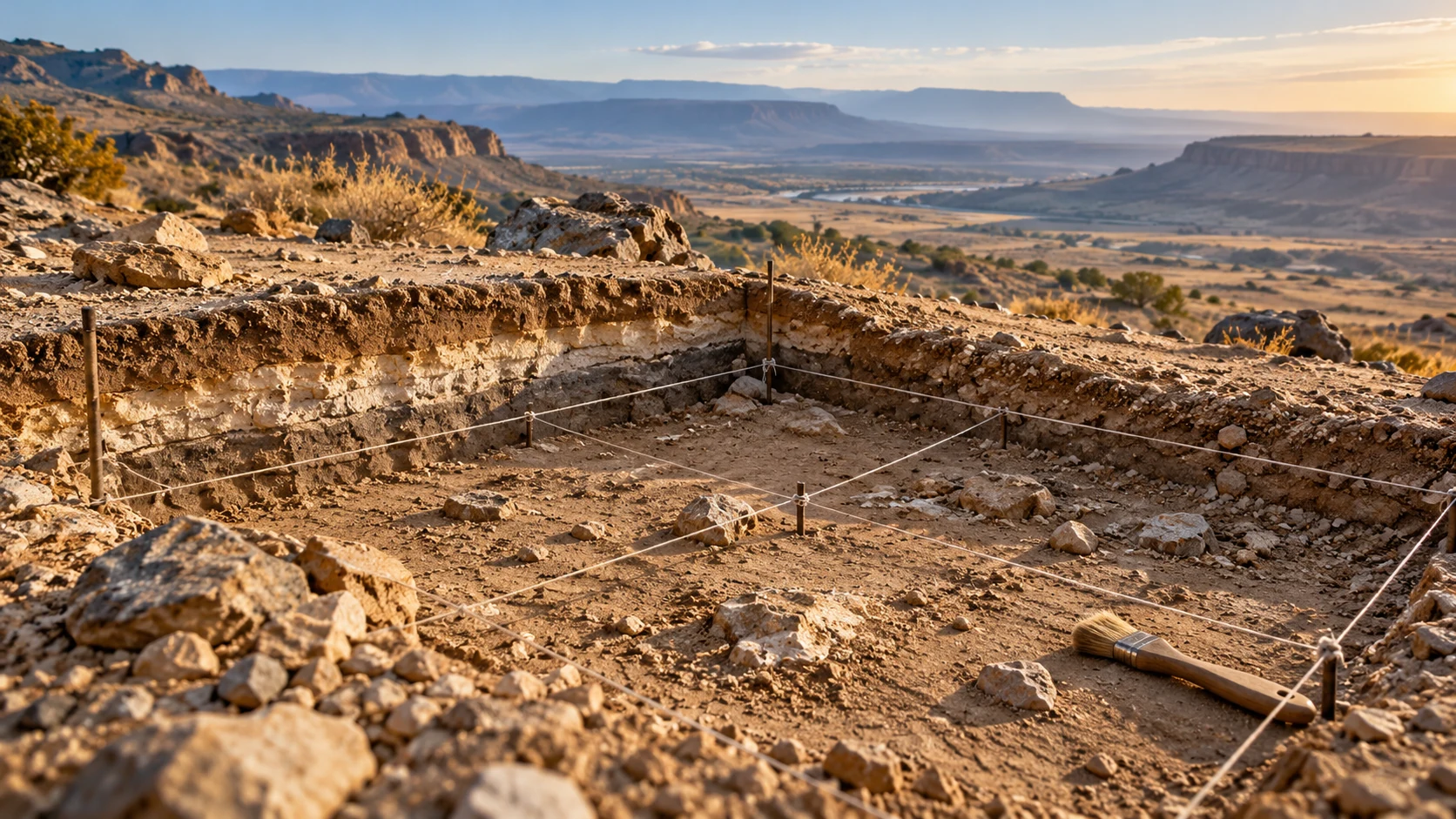 A gridded excavation square with exposed sediment layers and a field brush in a dry landscape.