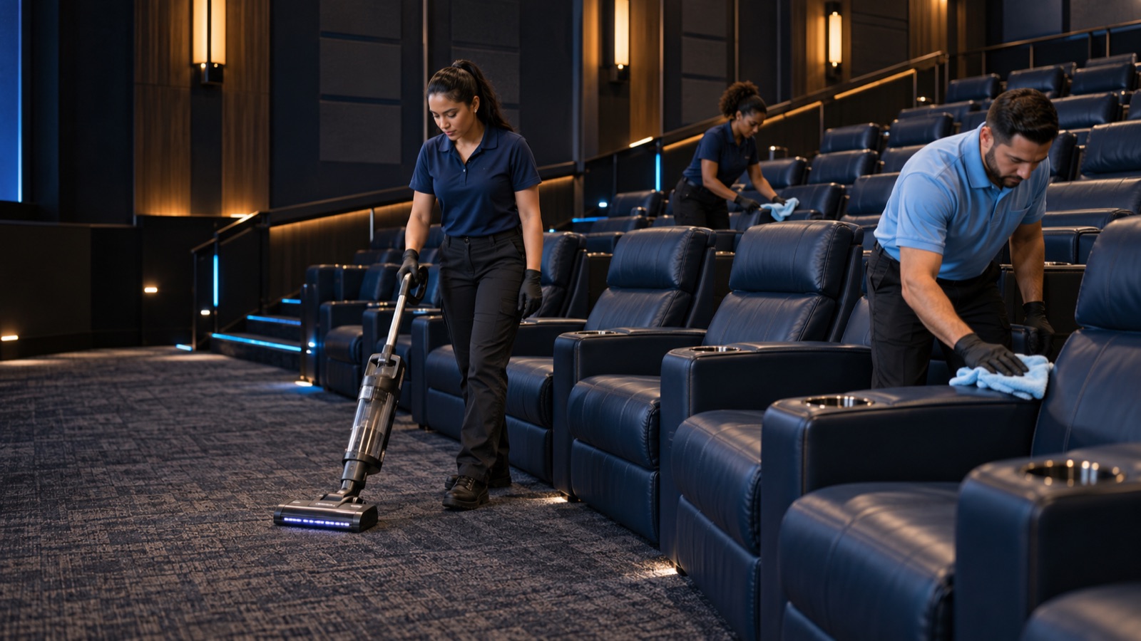 Illustrative cinema interior with workers vacuuming an aisle and wiping suitable seat surfaces