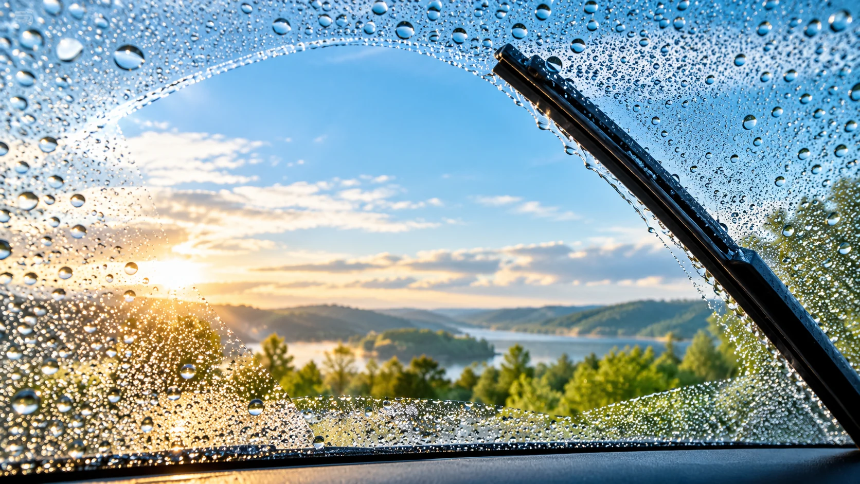 A windshield wiper has cleared an arc through fine water droplets, revealing soft greenery and pale sky.