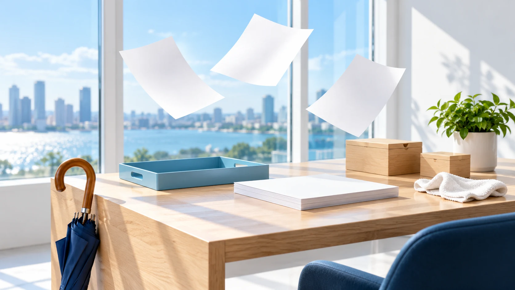 A plain navy umbrella and neatly arranged supplies sit at a bright modern desk beneath three floating blank sheets.